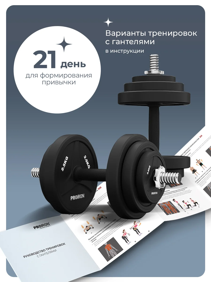 Гантели разборные, PROIRON, обрезиненные, 2 шт по 10 кг, черный