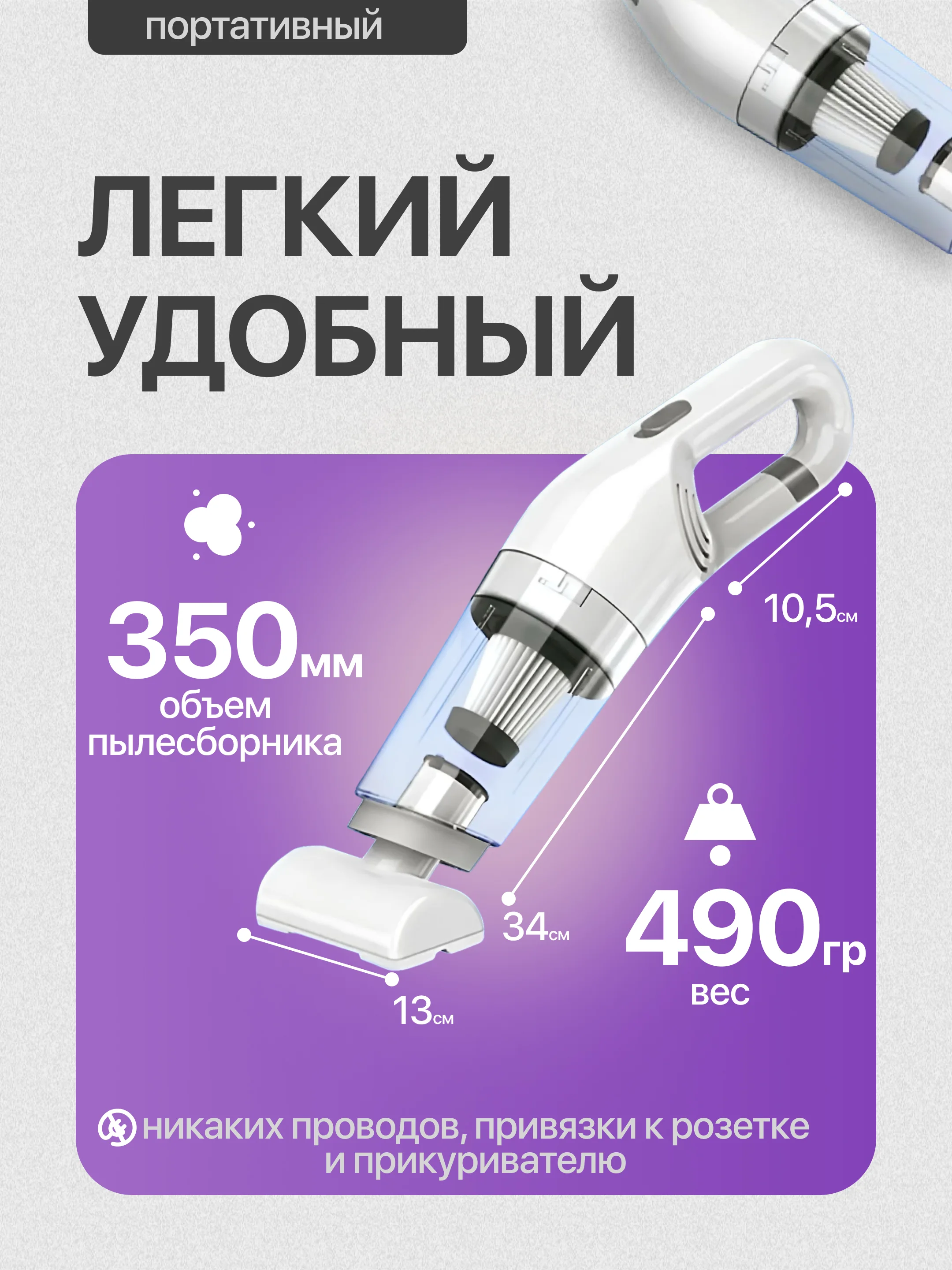 Белый беспроводной автомобильный пылесос, бытовой, с сумкой хранения и 2 сменными фильтрами