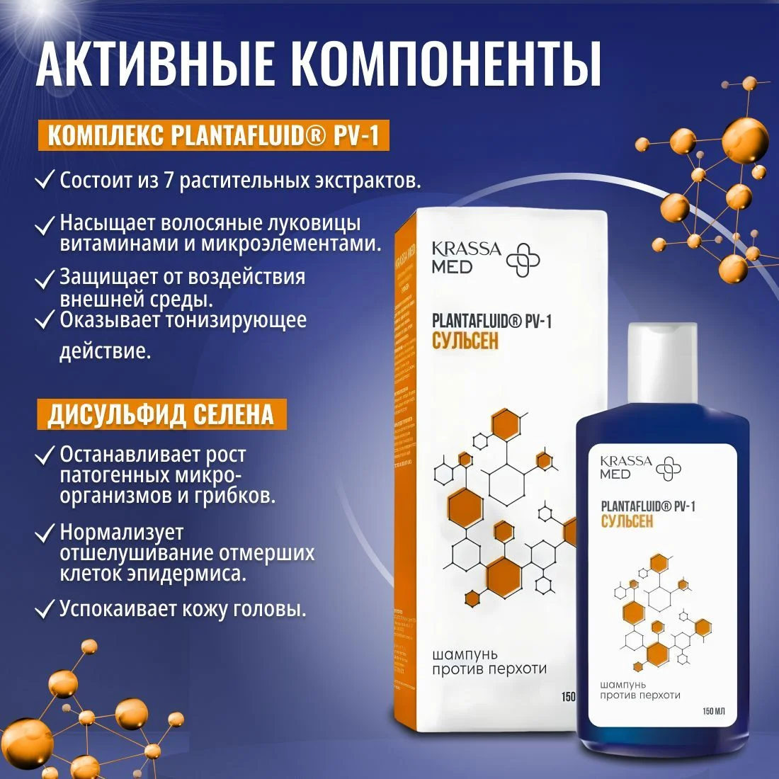 Шампунь от перхоти лечебный очищающий для всех типов волос KRASSA MED 150 мл