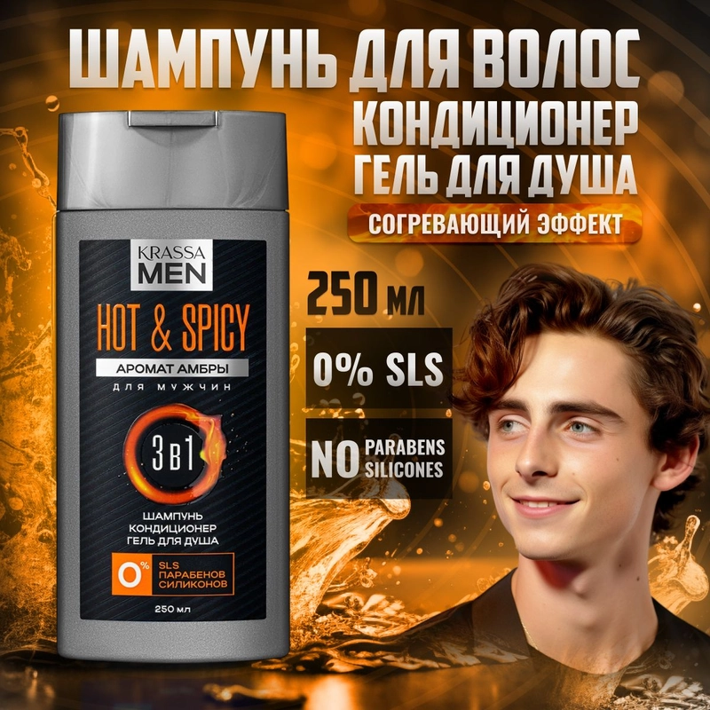 Шампунь мужской + кондиционер для волос и гель для душа 3в1 KRASSA MEN Hot & Spicy, 250 мл