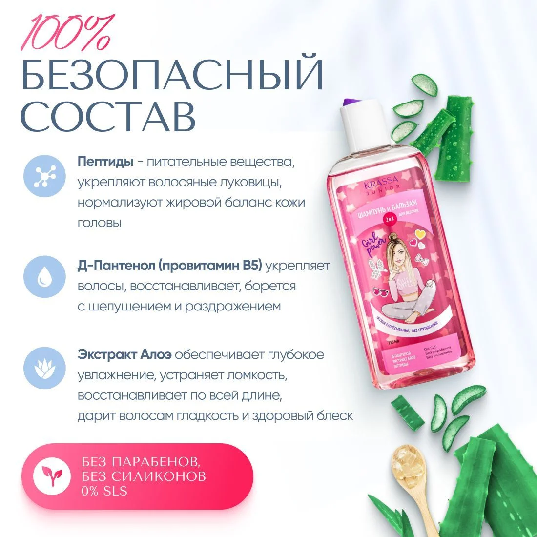 Детский шампунь и бальзам 2 в 1, с Д-Пантенолом, с Пептидами, Без Парабенов, 250 мл