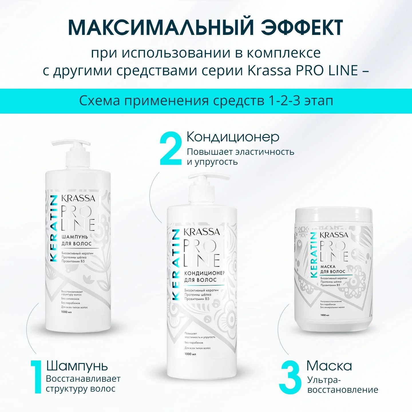 Шампунь для волос женский с кератином Krassa PRO-LINE, 1000мл