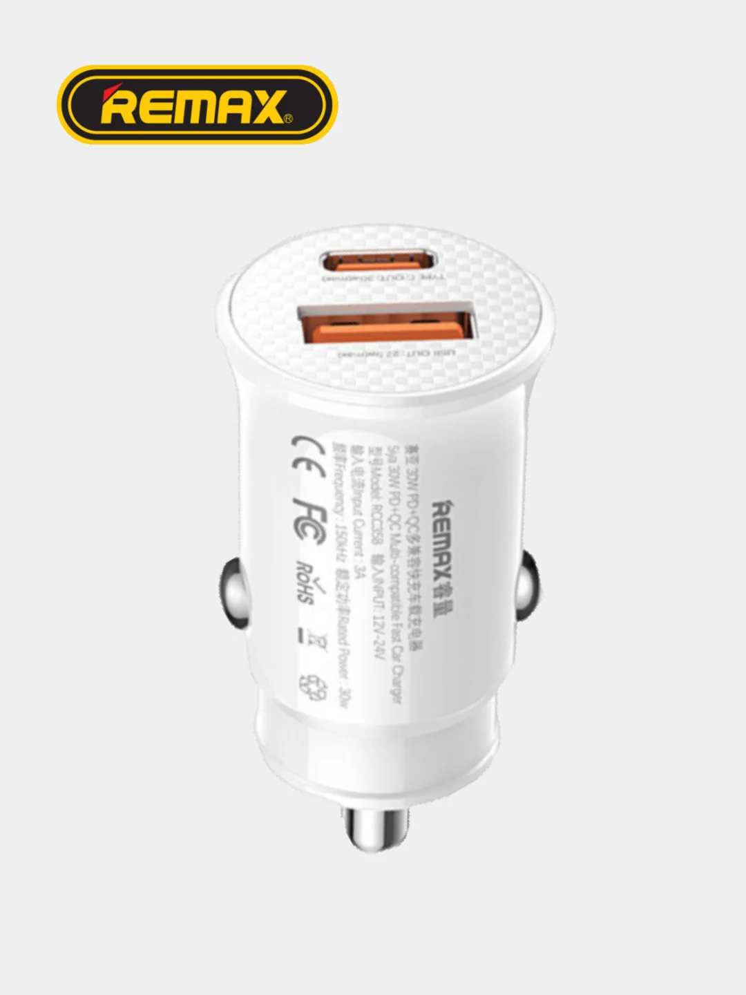 Белый автомобильное зарядное устройство в прикуриватель Type-C + USB, быстрая зарядка, 30В