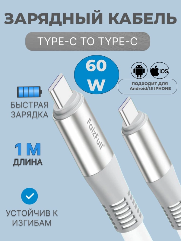 Зарядный кабель для Apple iPhone 15 и Android, Type-C / Type-C, тайпси с быстрой зарядкой