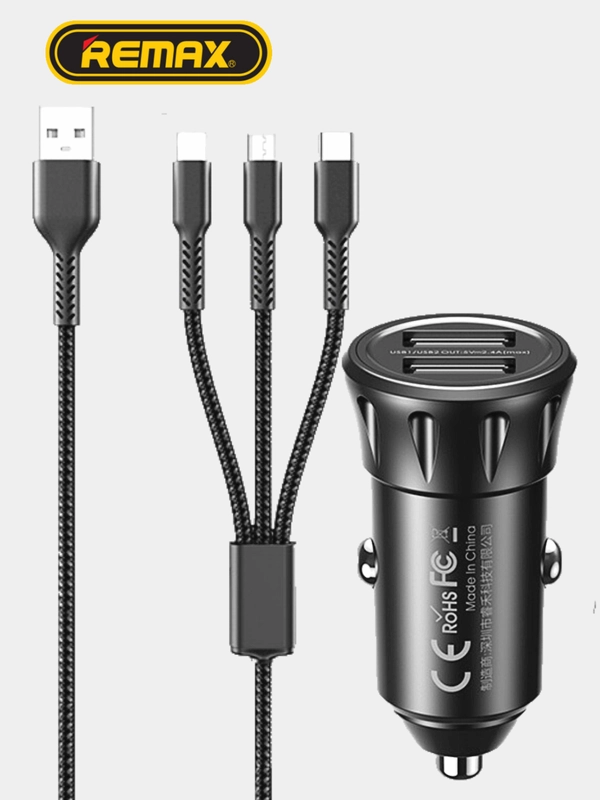 Автомобильное зарядное устройство в прикуриватель c кабелем  USB+USB, быстрая зарядка, 2.4А