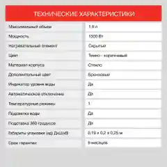 Чайник Starwind SKG1052, 1.8 л, 1500 Вт, корпус из стекла