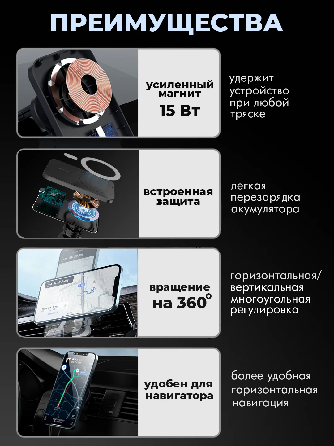 Черный держатель для телефона в машину магнитный с беспроводной зарядкой