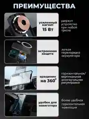 Черный держатель для телефона в машину магнитный с беспроводной зарядкой