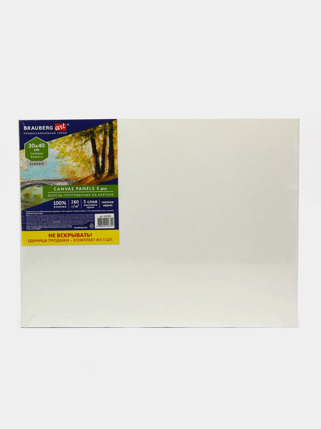 Холст на картоне набор 5 штук 30х40 см, 280 г м2, грунт, 100% хлопок, Brauberg Art Classic