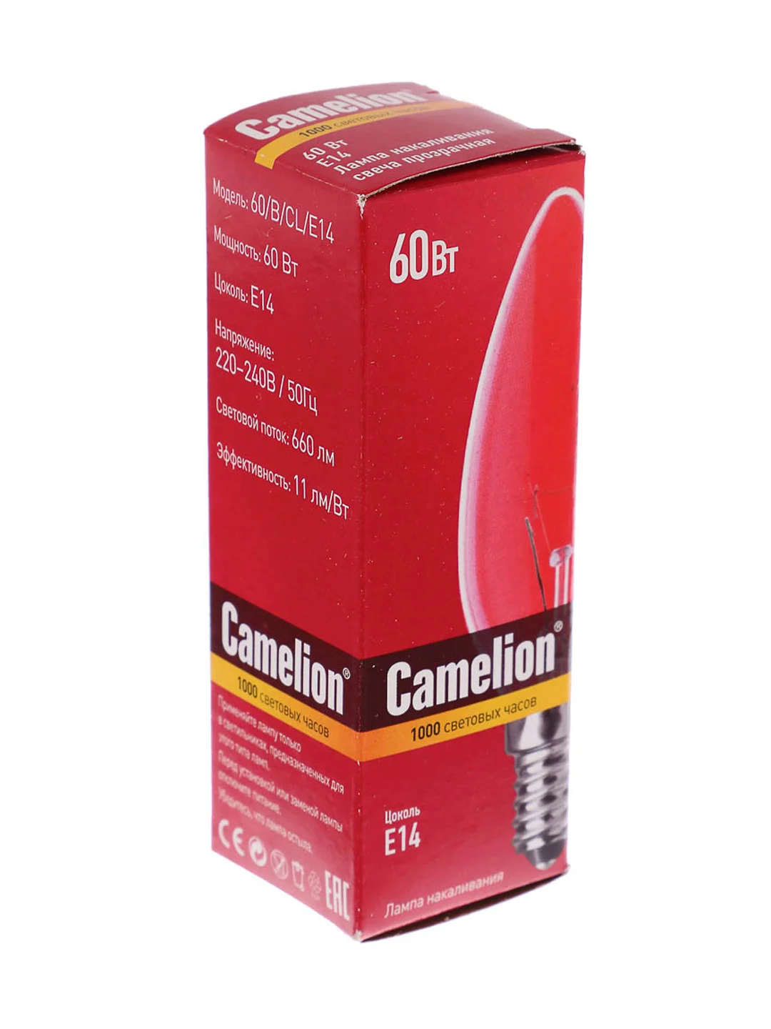 Лампа накаливания с прозрачной колбой, 60/B/CL/E14, свеча