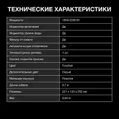 Чайник Hyundai HYK-P2028, 1.7л, 2200Вт, голубой/серый