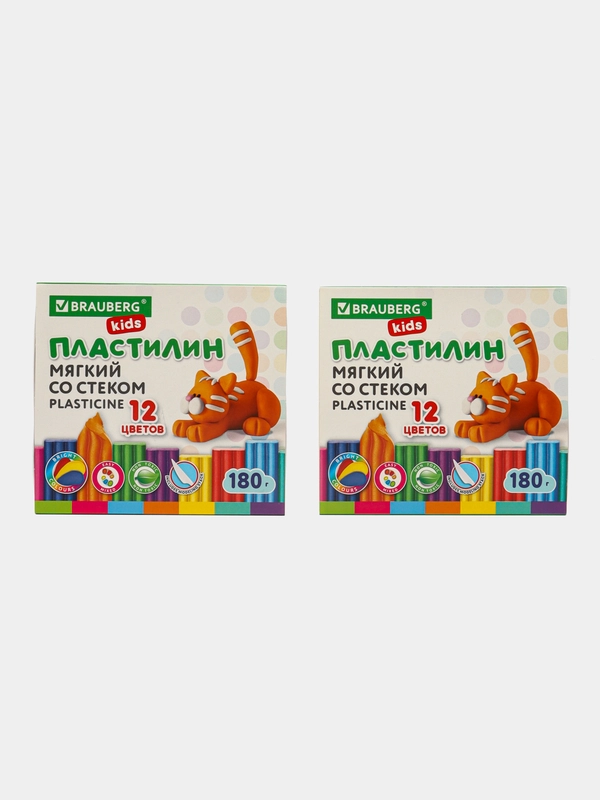 Пластилин набор 2 штуки по 12 цветов, классический, 360 грамм, 2 стека, Brauberg Kids