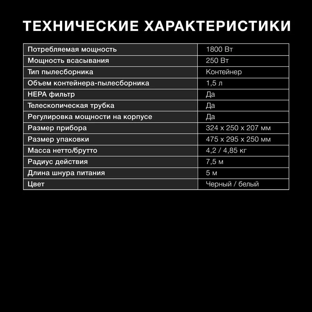 Пылесос Hyundai HYV-C1995, 1800Вт, белый/черный