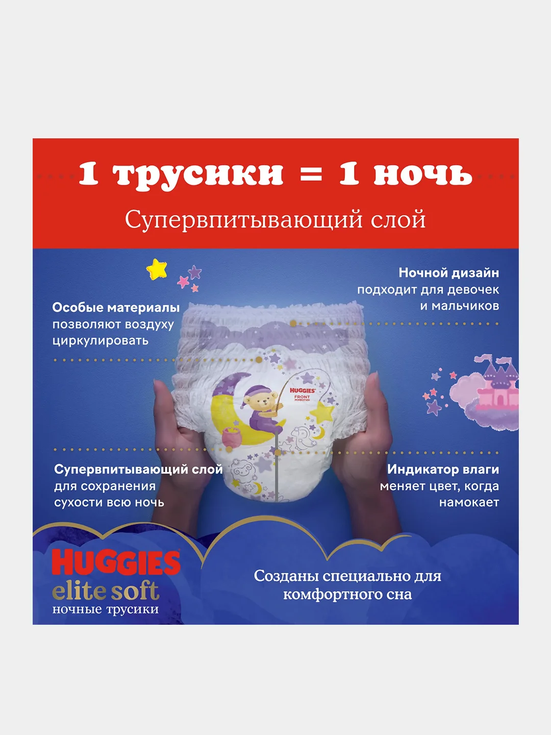 Подгузники трусики Huggies Elite Soft ночные 9-14кг, 4 размер, 19шт