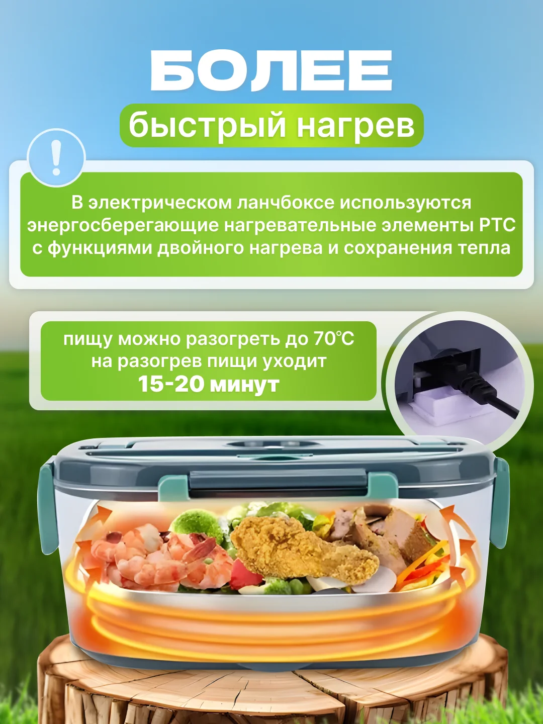 Зеленый ланч-бокс электрический, с подогревом, нержавеющая сталь, контейнер для еды