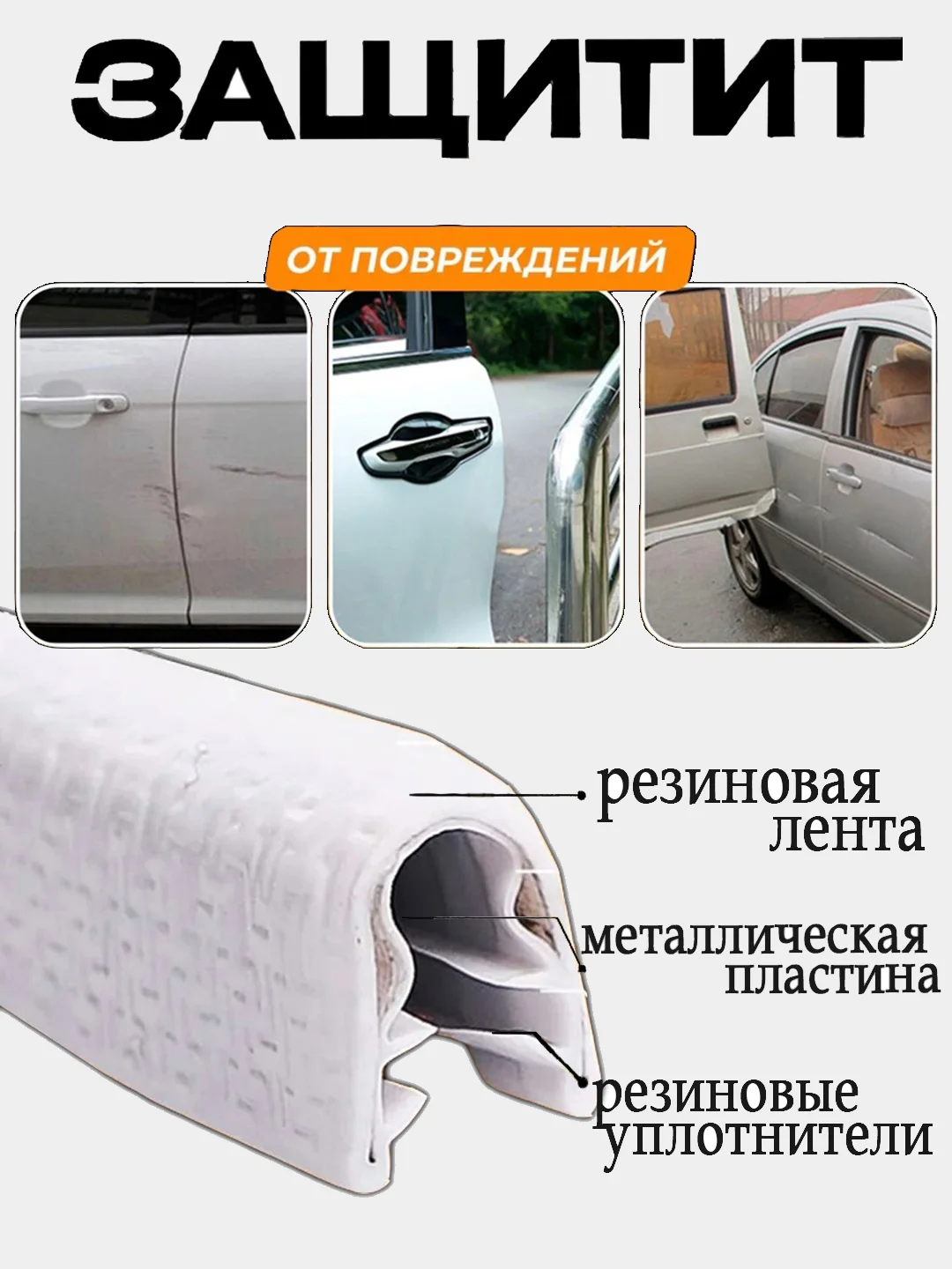 Белый молдинг для защиты кромки дверей автомобиля с металлической вставкой