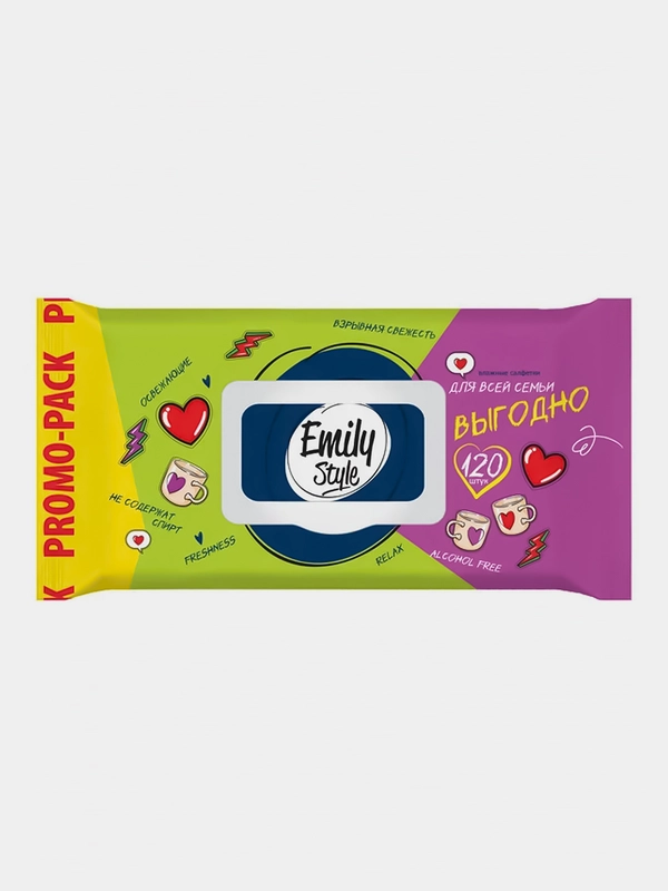 Влажные салфетки Emily Style "Для всей семьи", упаковка с клапаном, 100+20 штук