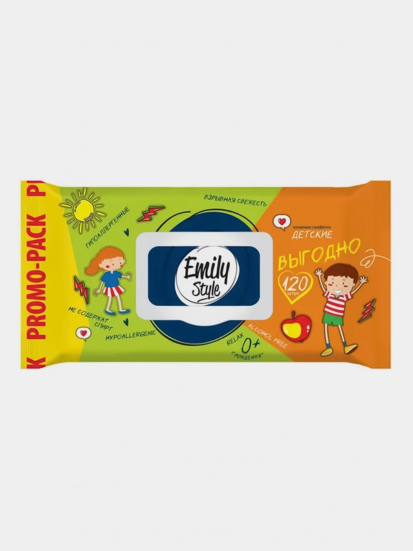 Влаж салфетки Emily Style "Детские", упаковка с клапаном, 100+20 штук