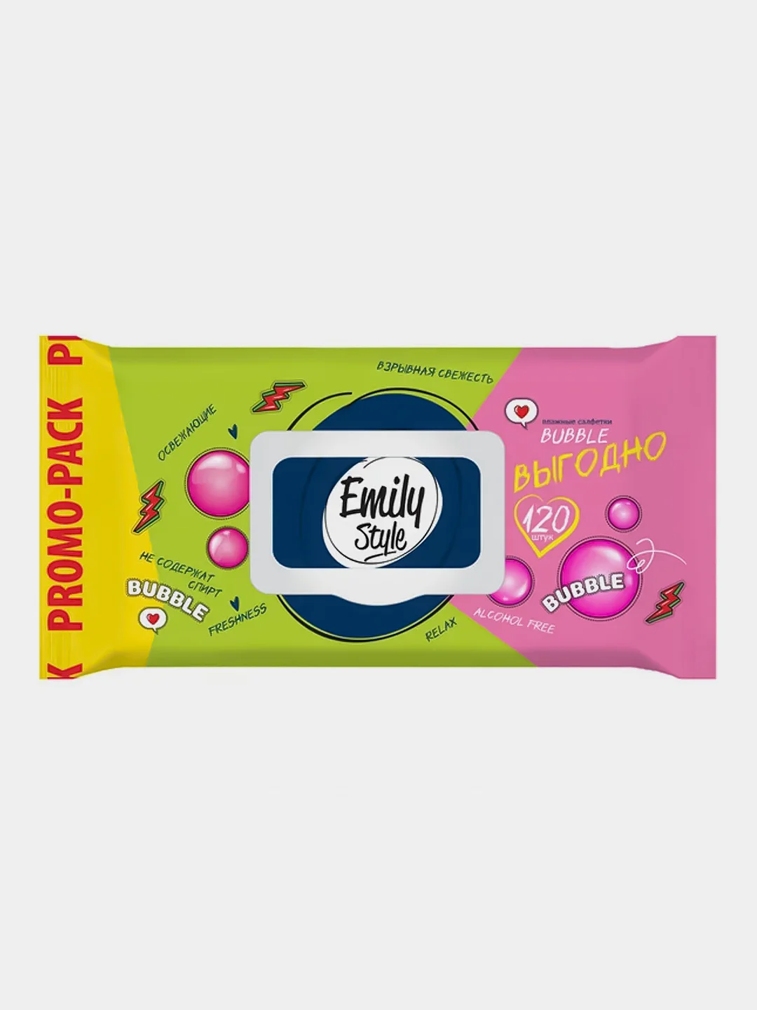 Влажные салфетки Emily Style BUBBLE FRESH, упаковка с клапаном, 100+20 штук