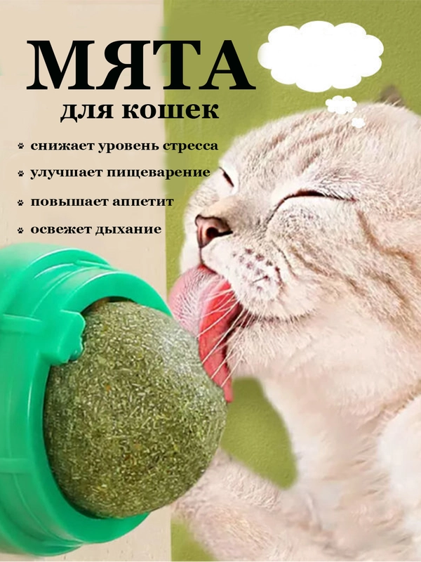 Леденец игрушка для кошек "Кошачья мята" на липучке/ шарик из спрессованной мяты