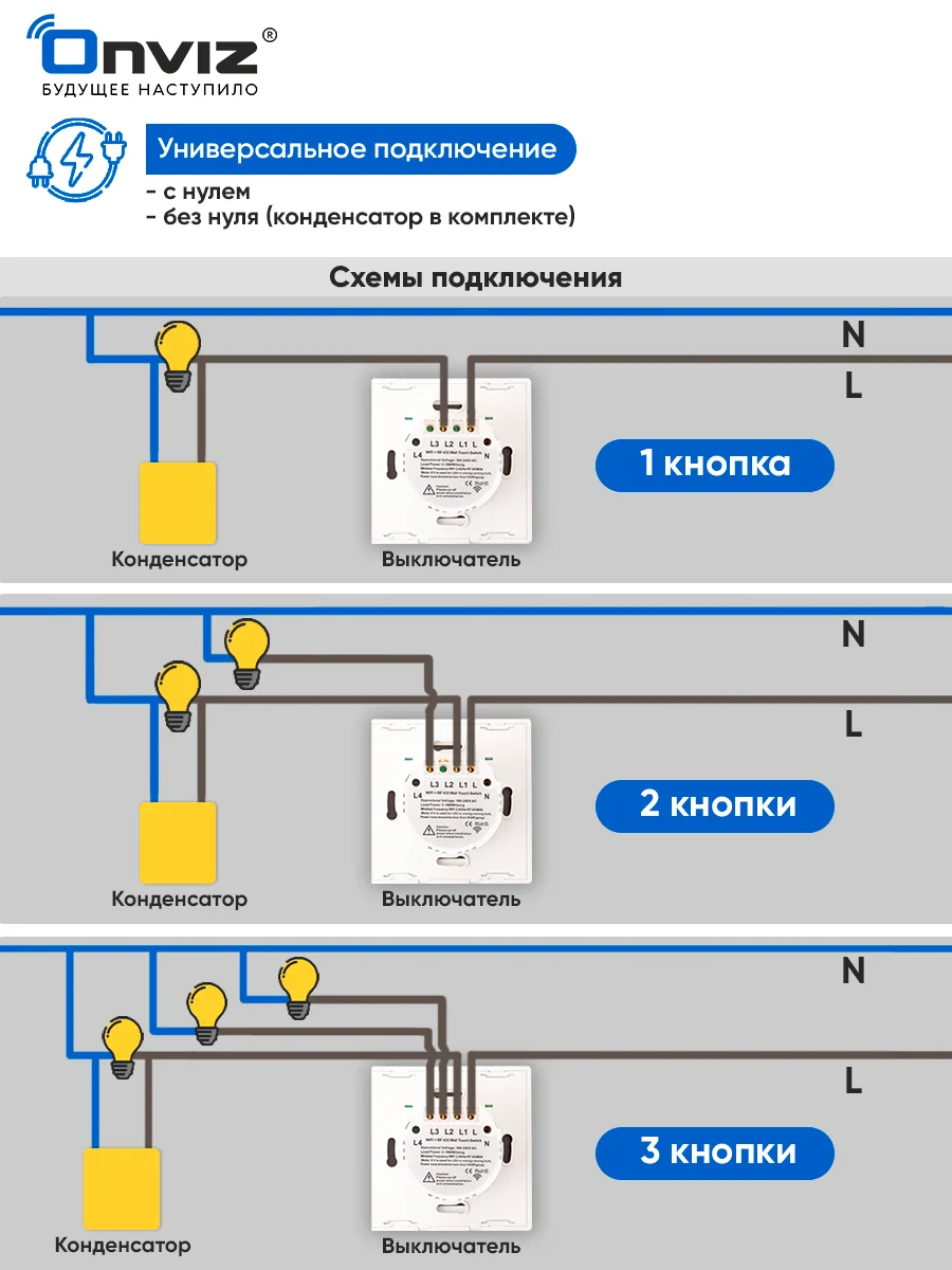 Белый умный сенсорный WiFi выключатель ONVIZ, Tuya, работает с Яндекс Алисой
