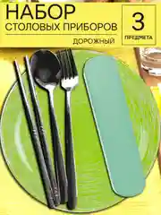 Зеленый набор столовых приборов из нержавеющей стали в футляре, 3 предмета (вилка, ложка, палочки)