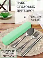 Зеленый набор столовых приборов в футляре, 3п(вилка, ложка, палочки) толст металл, нежравеющ сталь