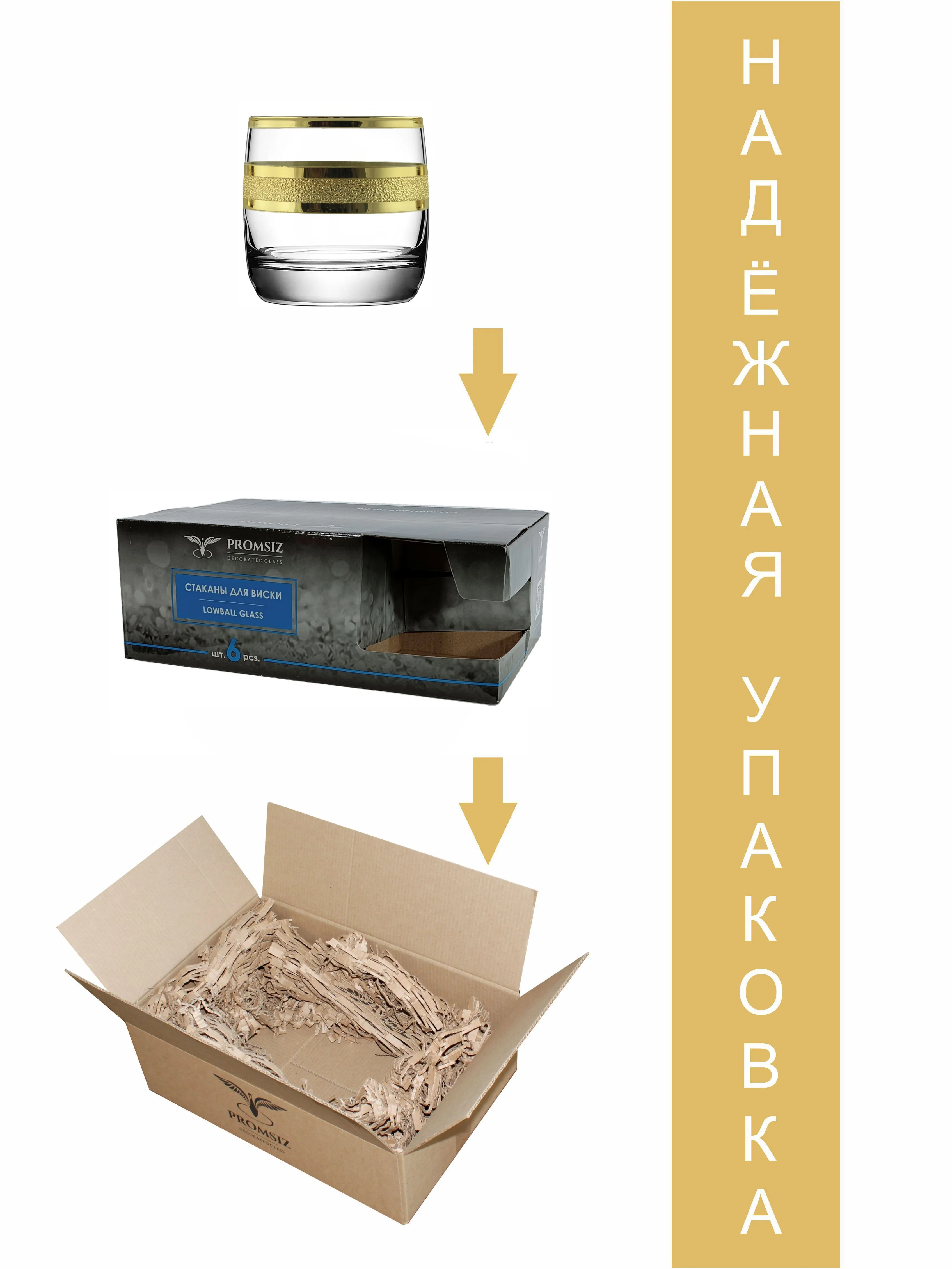 Стаканы для виски, подарочный набор 6 шт., 310 мл., золото PROMSIZ коллекция Ультра