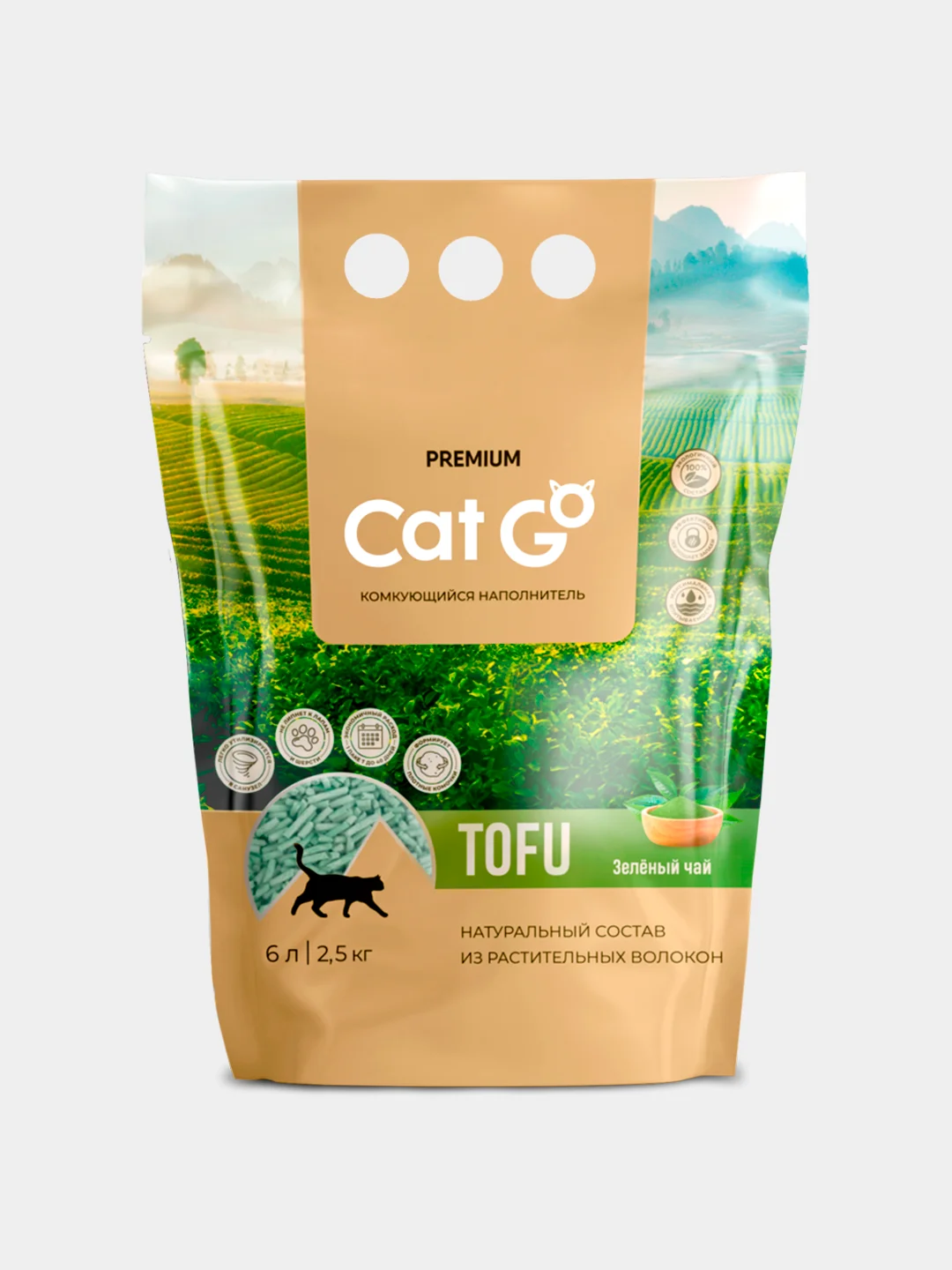 Наполнитель Cat Go TOFU Комкующийся, ТОФУ, Зеленый чай, 6л (2,5кг)