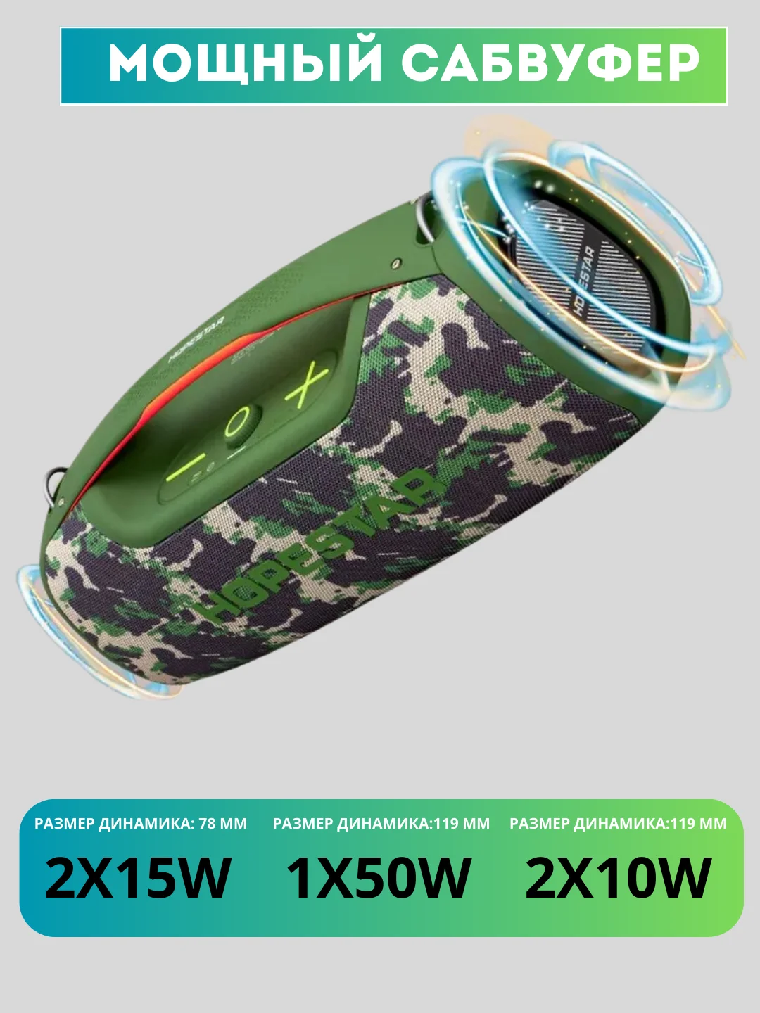 Хаки портативная Колонка Hopestar A60, акустическая система с 5 динамиками, 100W, с микрофоном