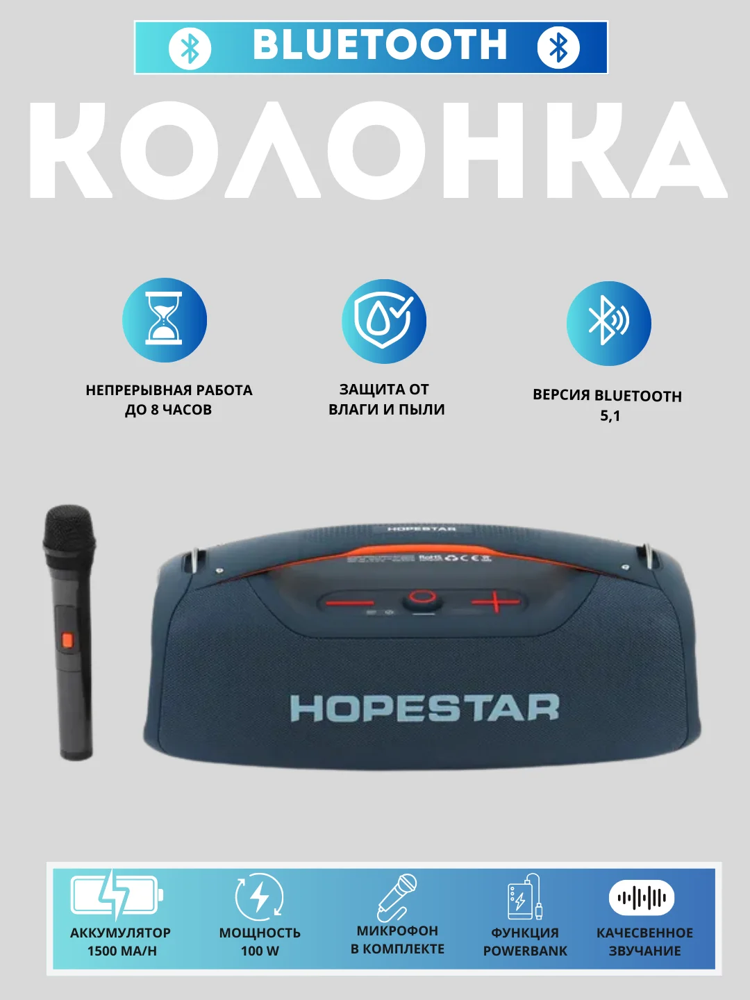 Синий портативная Колонка Hopestar A60, акустическая система с 5 динамиками, 100W, с микрофоном