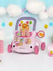 Розовый детский игровой центр 2в1 "Каталка-ходунки Levatoys", бизиборд с сортером и пианино