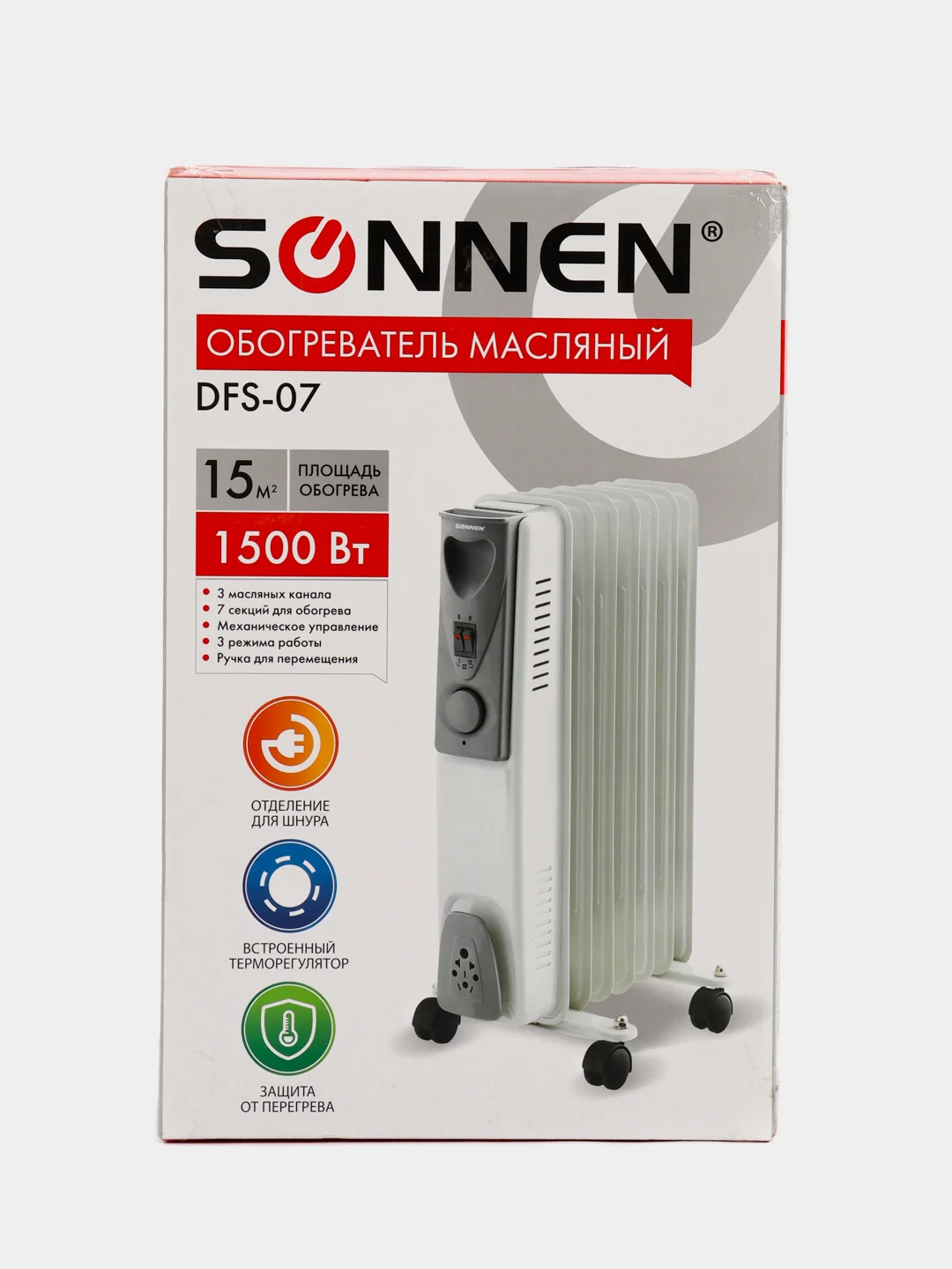 Обогреватель масляный SONNEN DFS-07, 1500Вт, 7 секций, белый, 453498