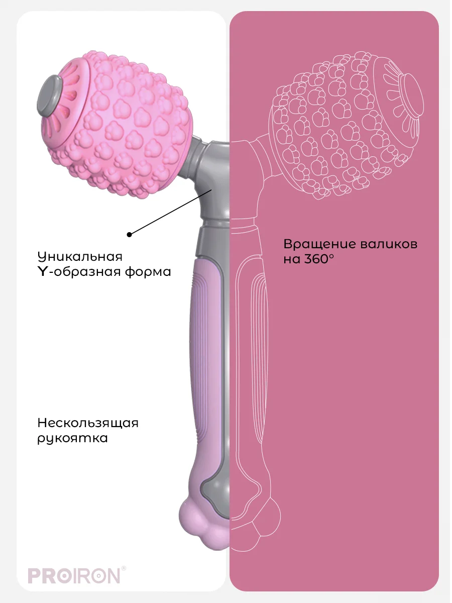 Массажер для тела, роликовый, антицеллюлитный, Y-образный, PROIRON, серо-розовый