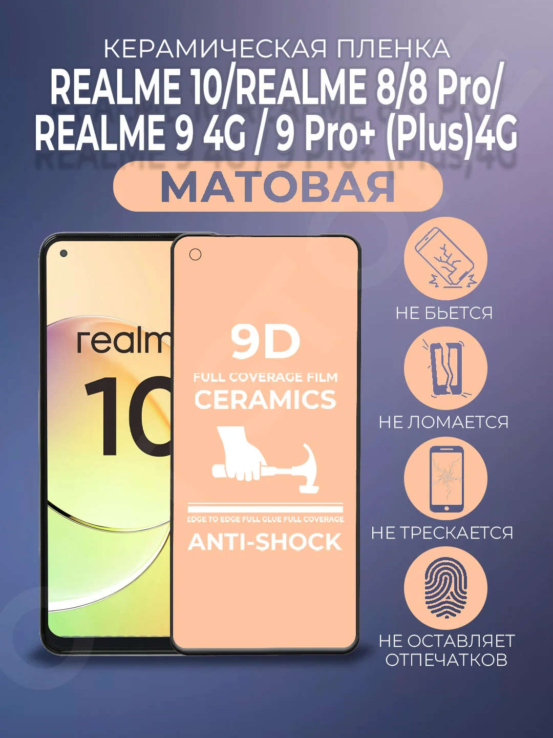 Черный защитная керамическая пленка матовая Realme 10 / Realme 8 / 8 Pro / 9 4G / 9 Pro+ (Plus)