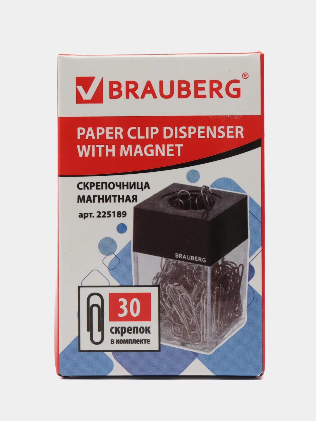 Диспенсер для скрепок магнитная Brauberg с 30 скрепками, прозрачный корпус