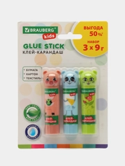Клей-карандаш Зверята: хрюшка, тигр, панда, 9 г, фигурный колпачок, 3 шуки, Brauberg Kids