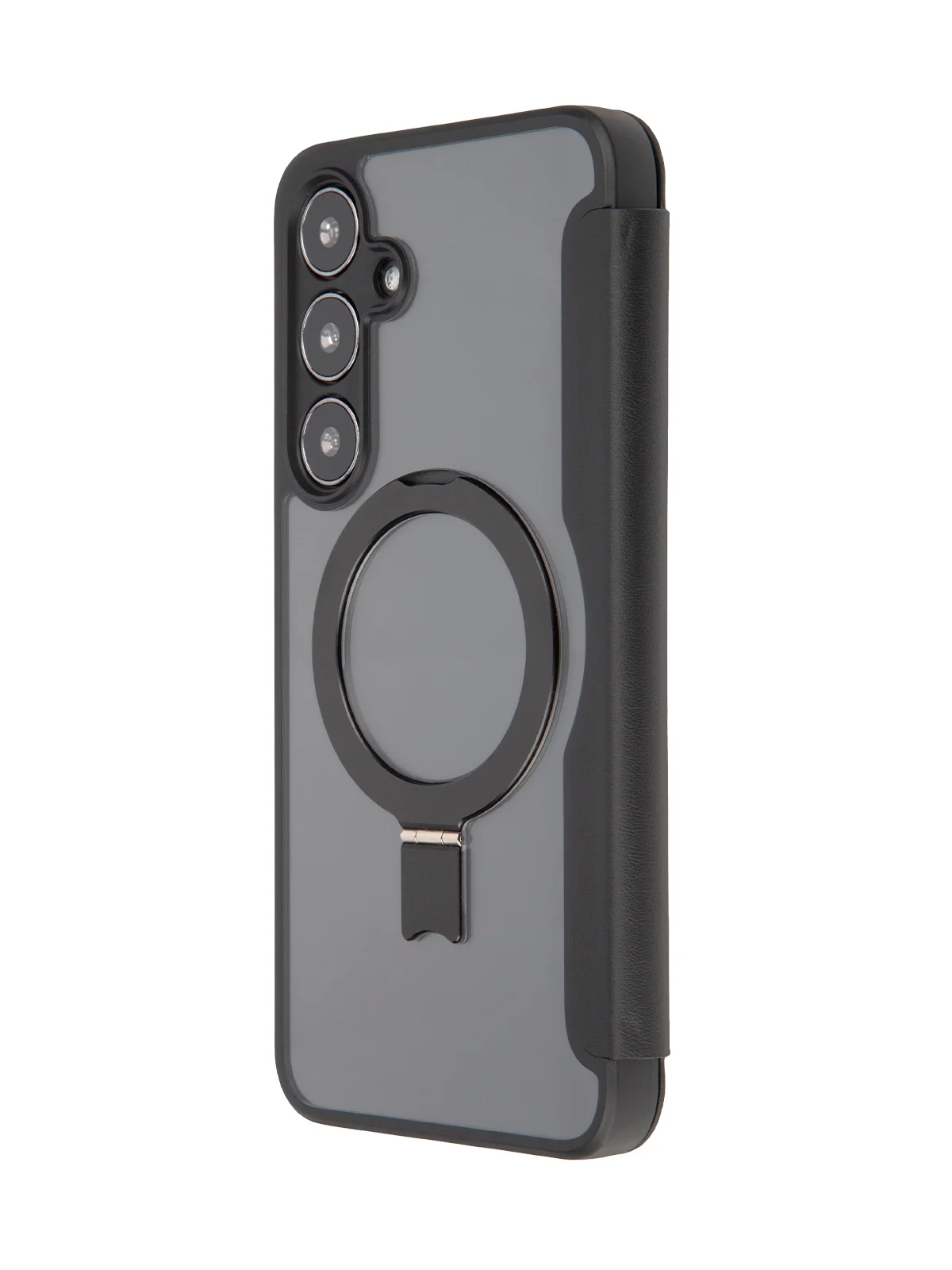 Черный чехол-книжка MagSafe для Samsung Galaxy S24, S24+, S24 Ultra из экокожи BROSCORP с кольцом