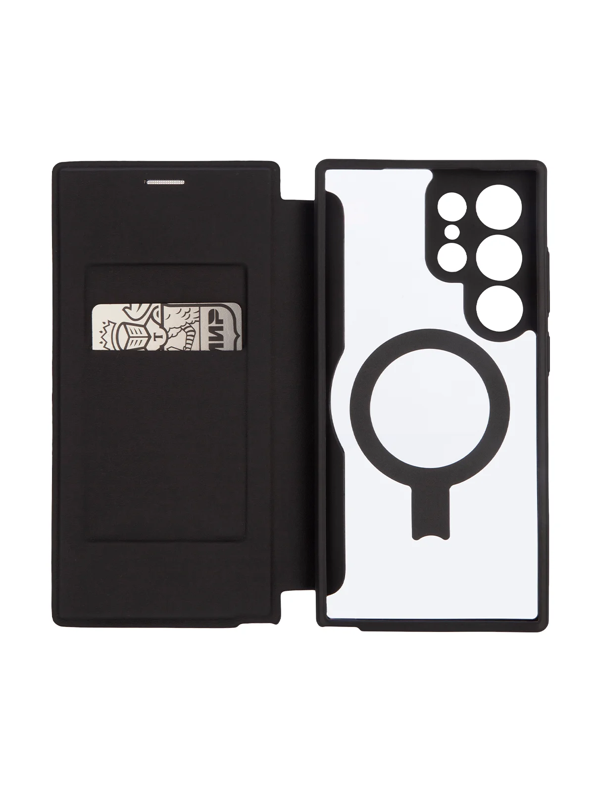 Черный чехол-книжка MagSafe для Samsung Galaxy S24, S24+, S24 Ultra из экокожи BROSCORP с кольцом