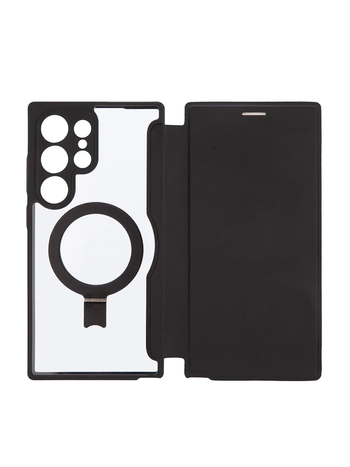 Черный чехол-книжка MagSafe для Samsung Galaxy S24, S24+, S24 Ultra из экокожи BROSCORP с кольцом