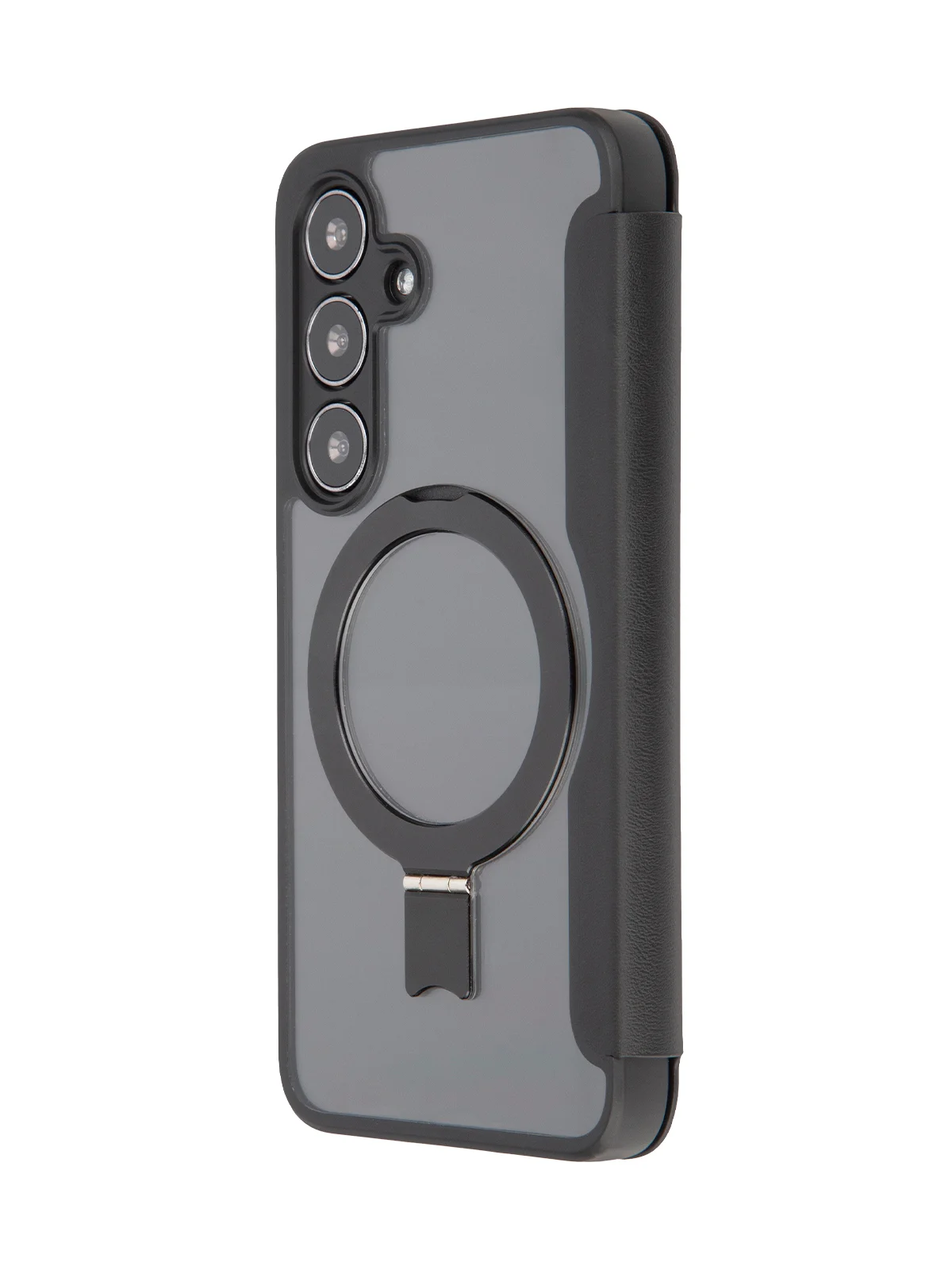 Черный чехол-книжка MagSafe для Samsung Galaxy S24, S24+, S24 Ultra из экокожи BROSCORP с кольцом