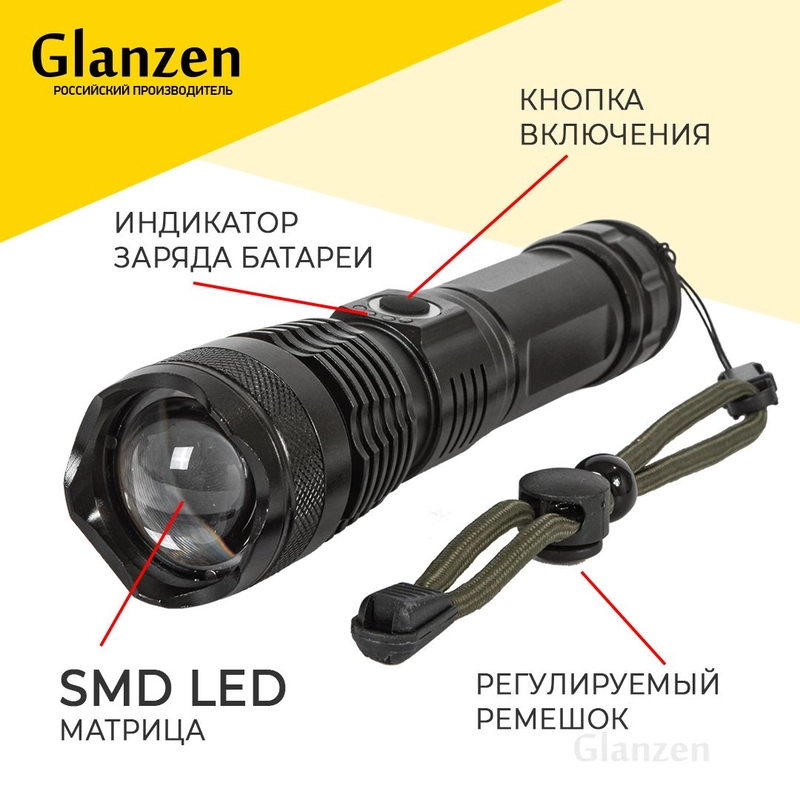 Светодиодный аккумуляторный с 5 режимами USB фонарь GLANZEN UFL-1700-X80P50