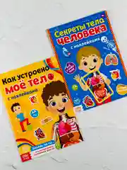 Развивающая книжка с наклейками 2шт для малышей Тело человека Стикеры Анатомия Биология