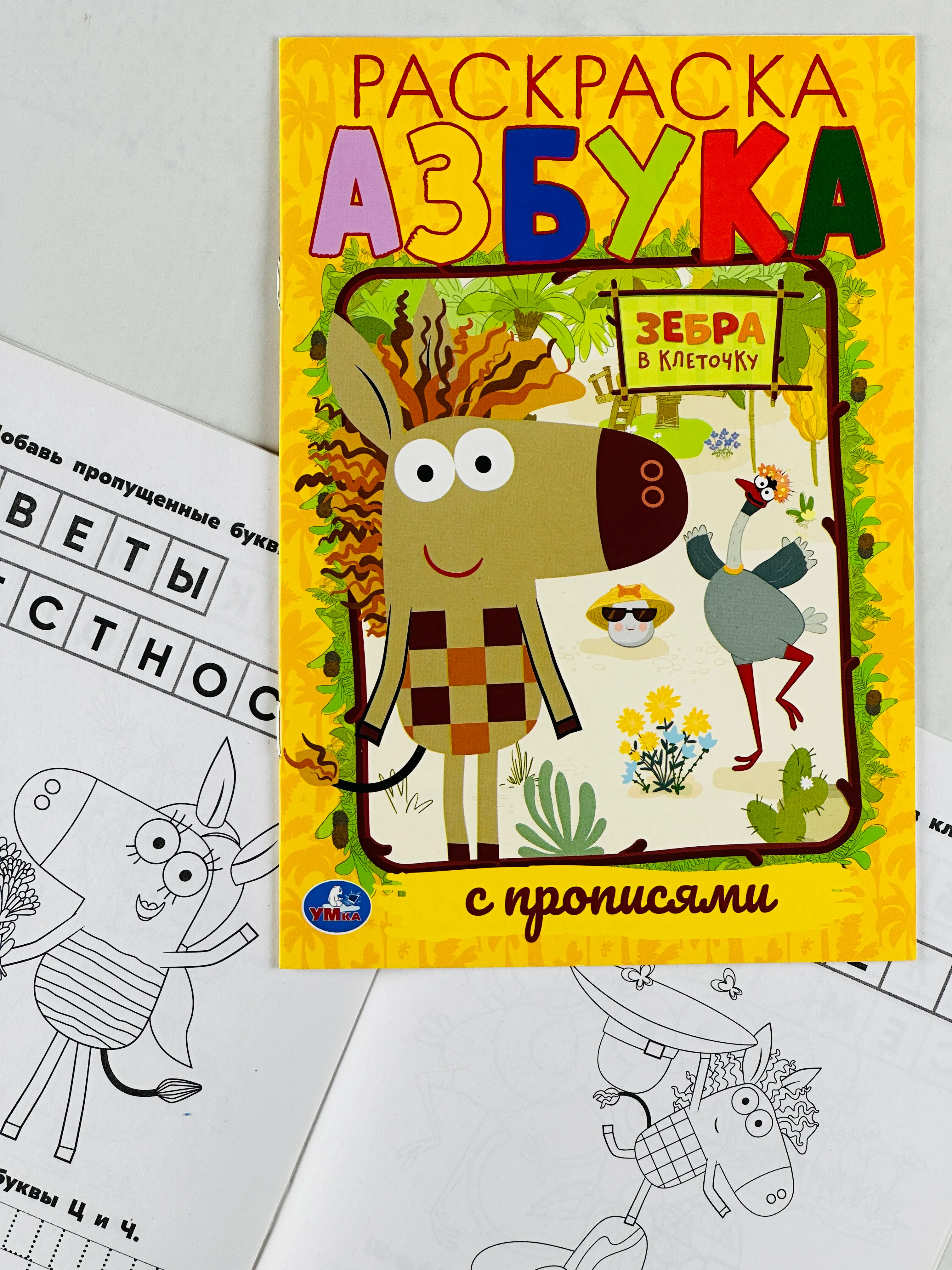Первая раскраска с прописями азбука зебра в клеточку 16 страниц мультяшки