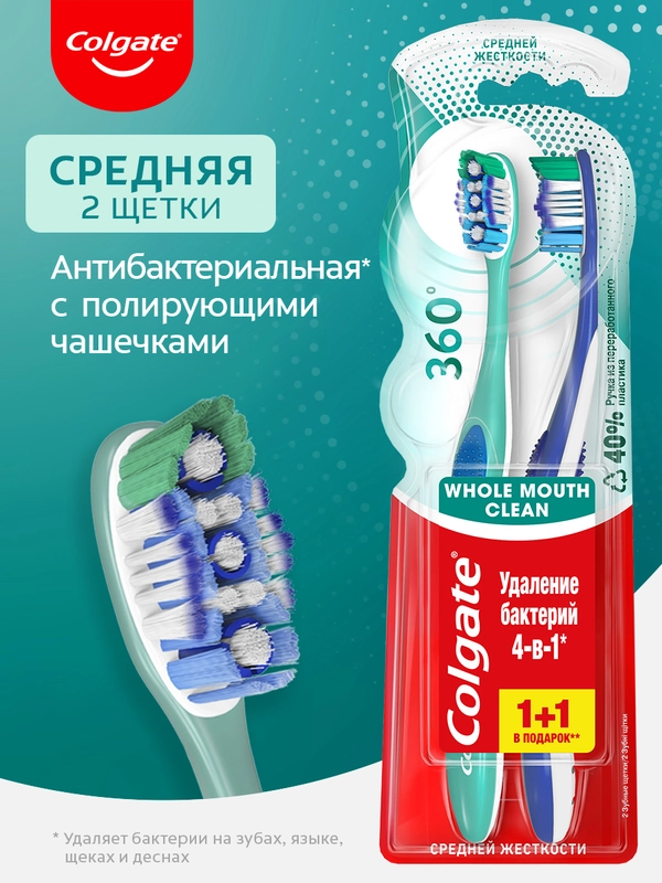 Зубная щетка Colgate 360 Чистота всей полости рта, антибактериальная, средней жесткости