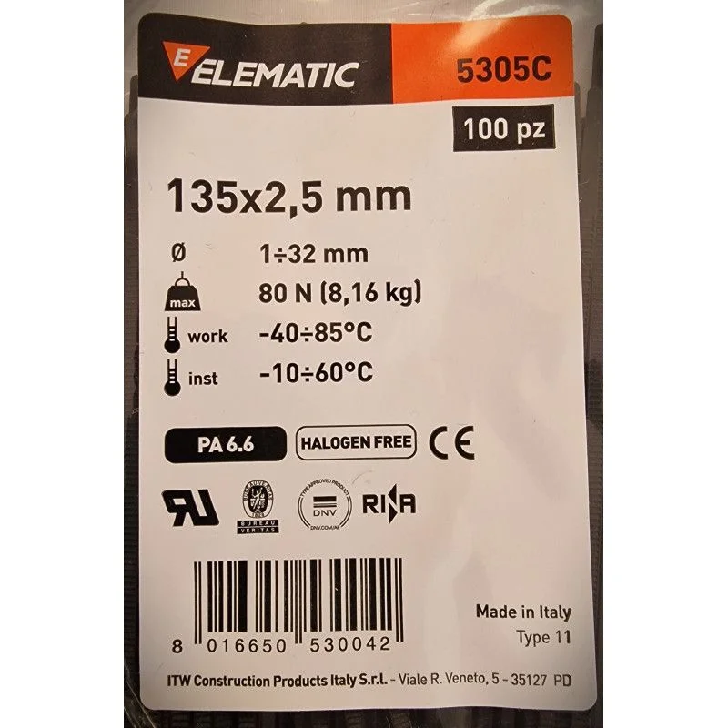 Черный стяжка-хомут нейлоновая Elematic чёрная, 135 х 2,5 мм, 100 шт/упак