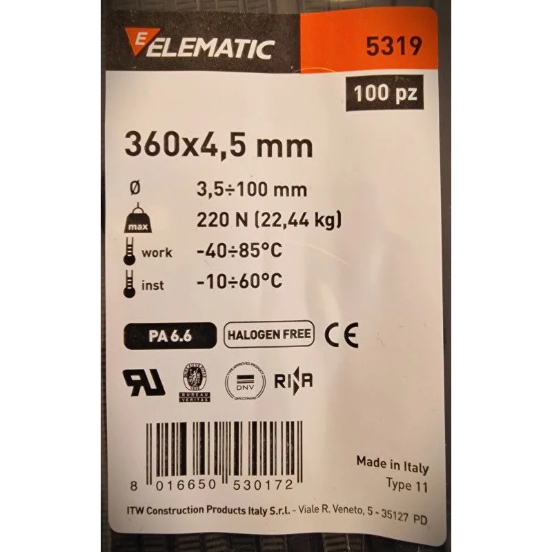 Черный стяжка-хомут нейлоновая Elematic чёрная, 360 х 4,5 мм, 100 шт/упак