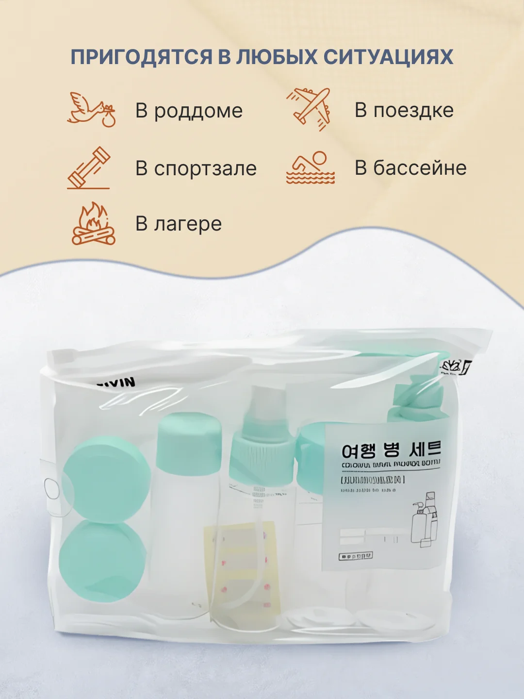 Бирюзовый дорожный набор флаконов и баночек с косметичкой для путешествий