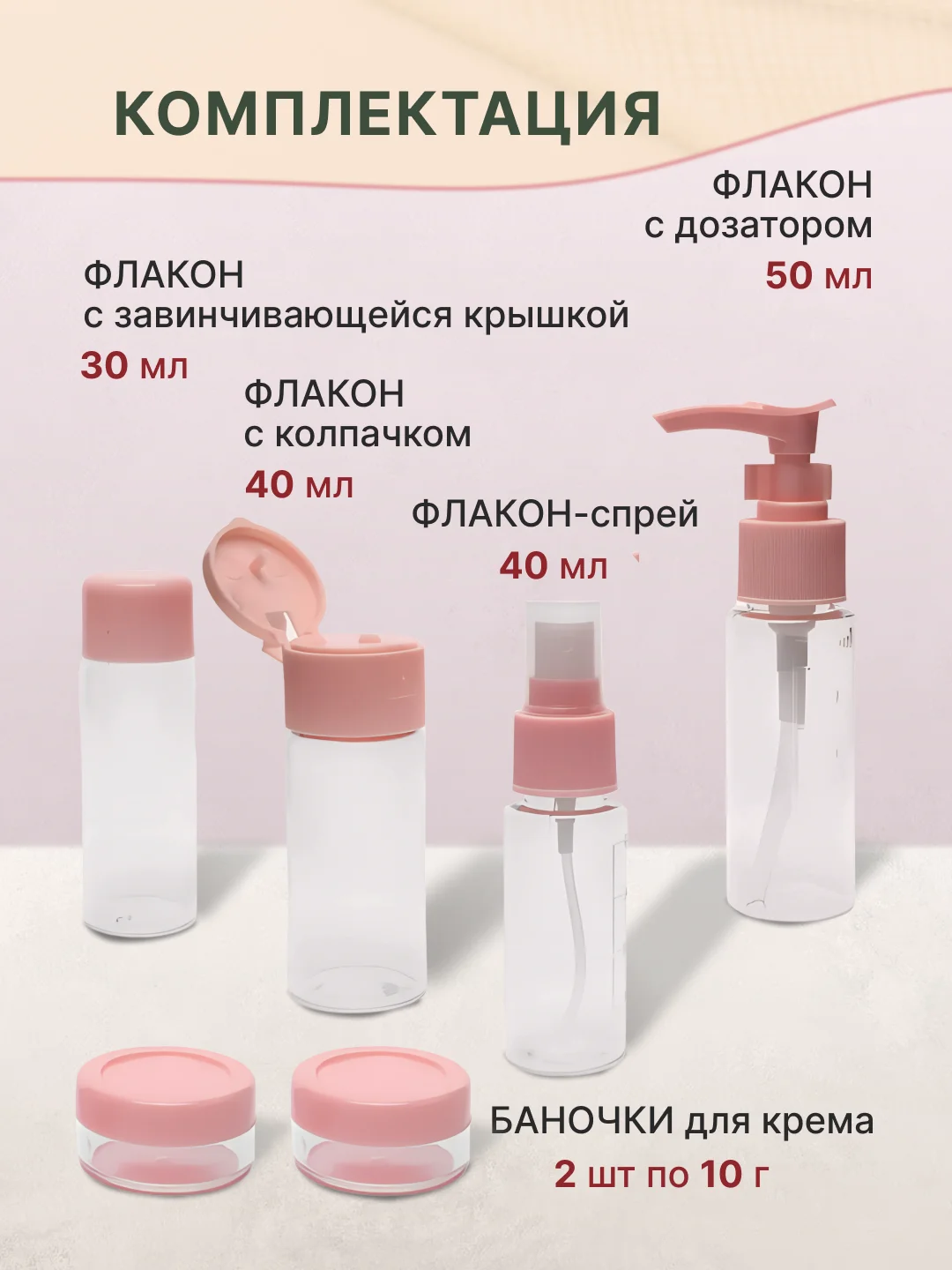 Розовый дорожный набор флаконов и баночек с косметичкой для путешествий