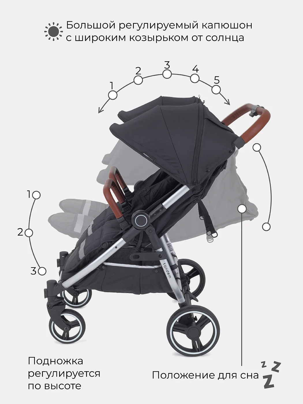 Черный коляска детская для близнецов MOWBaby Tandem MB170 Black